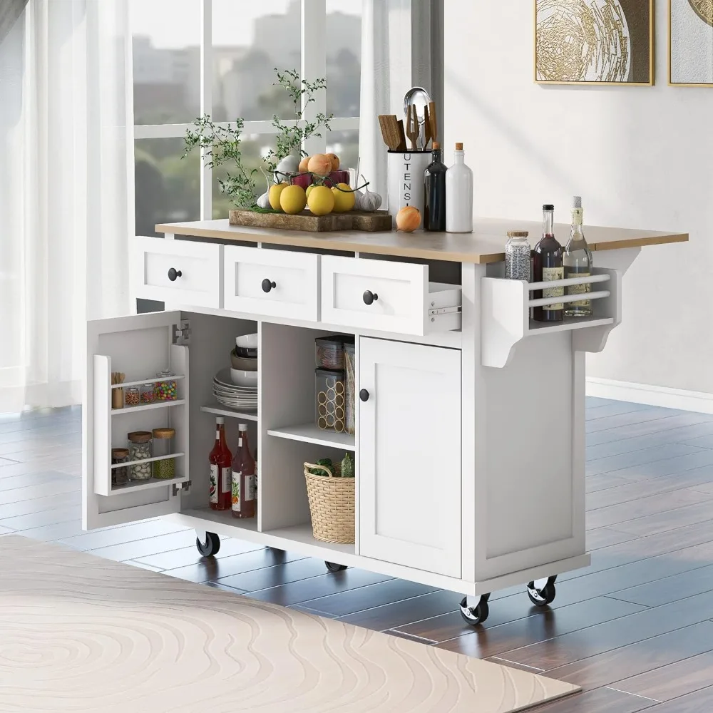 

Kitchen Island with Drop-Leaf Countertop, Internal Storage Cabinet Racks, Rolling Kitchen Cart on 5 Wheels with Open Shelves