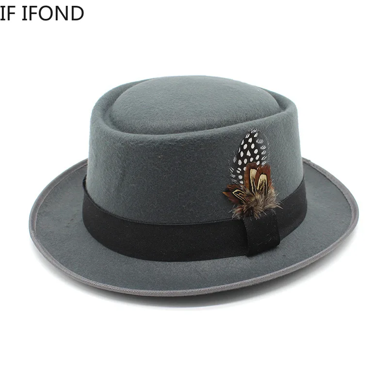 Vintage Curved Brim Felt Fedora Hat For Men Women Autumn Winter Trilby Jazz Hat With Feather Church Pork Pie Hats 6