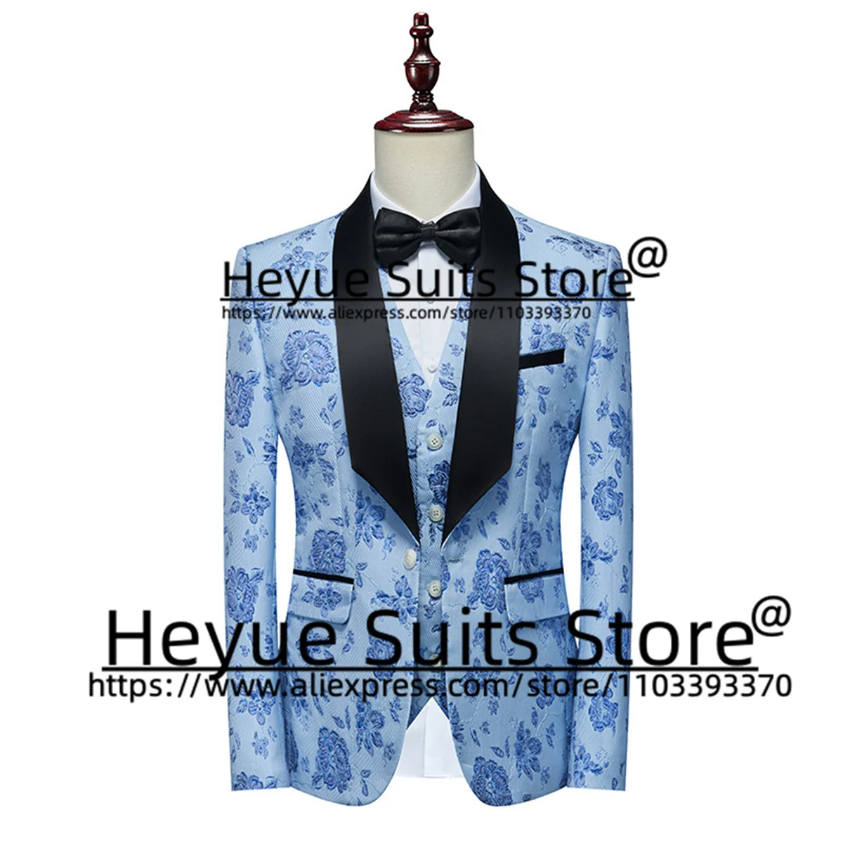 Elegant Jacquard Sky Blue Wedding Suits For Men Custome Shawl Lapel Groom Tuxedos 3 Pcs Sets Business Male Blazer Costume Homme