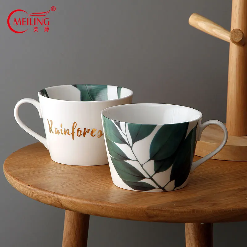 

Big porcelain breakfast cup oat milk leaf green tea rainforest ceramic cup coffee cup travel single mother gift