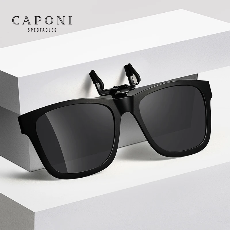 CAPONI Men's Square Sunglasses Clip Easy Flipped Up Glasses Clip Polarized Photochromic Protect Eyes Light Clip On Frame BS3221