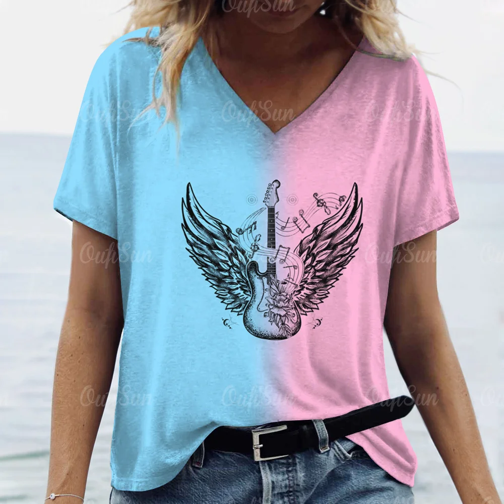 

New Women's T-Shirt, Summer Simple V-Neck Short-Sleeved Casual Top with Guitar Print Elements Y2k Plus Size Loose T-Shirt