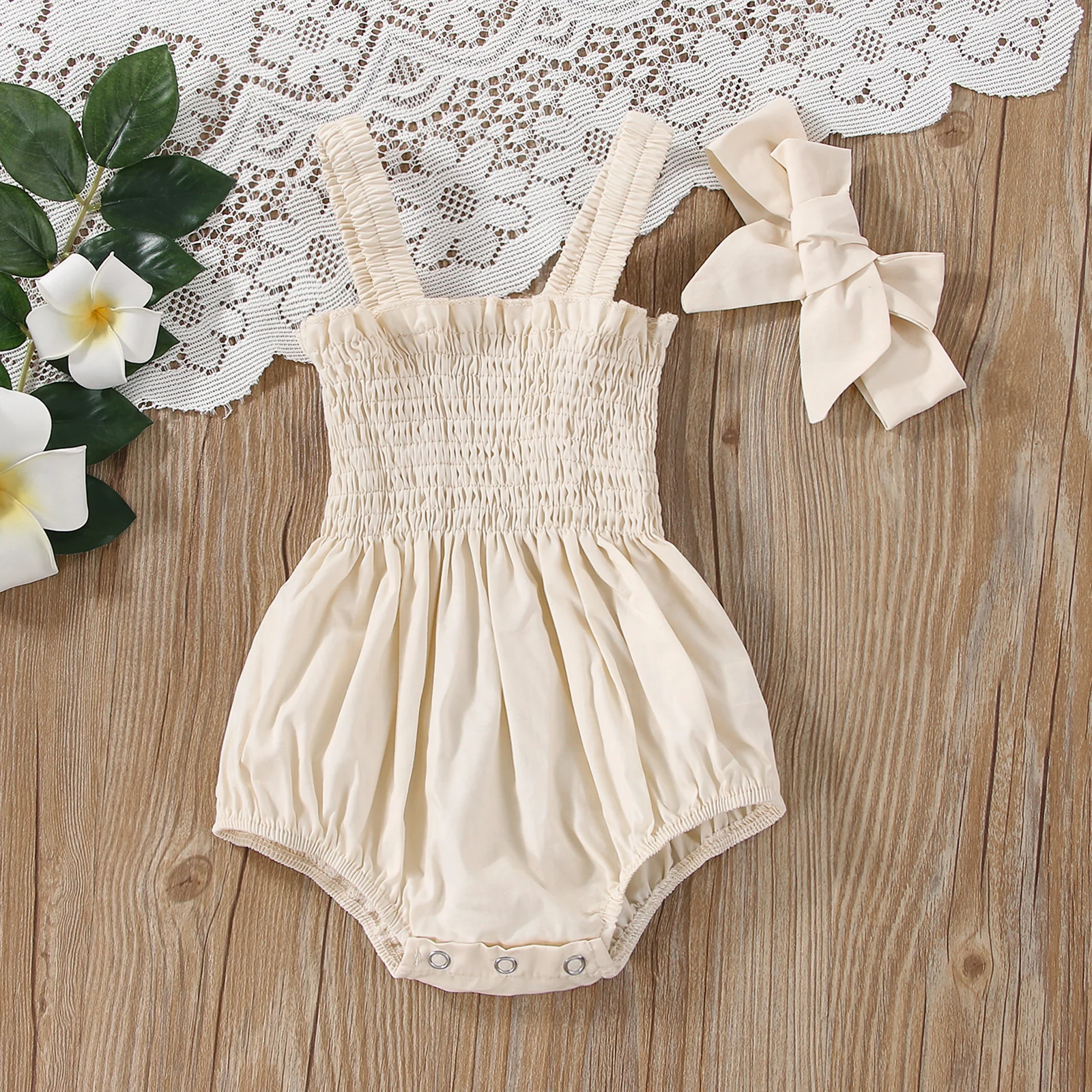 Citgeett Summer Infant Baby Girls Jumpsuit Outfit Solid Color Casual Sleeveless Suspender Jumpsuit Headband Clothes 5