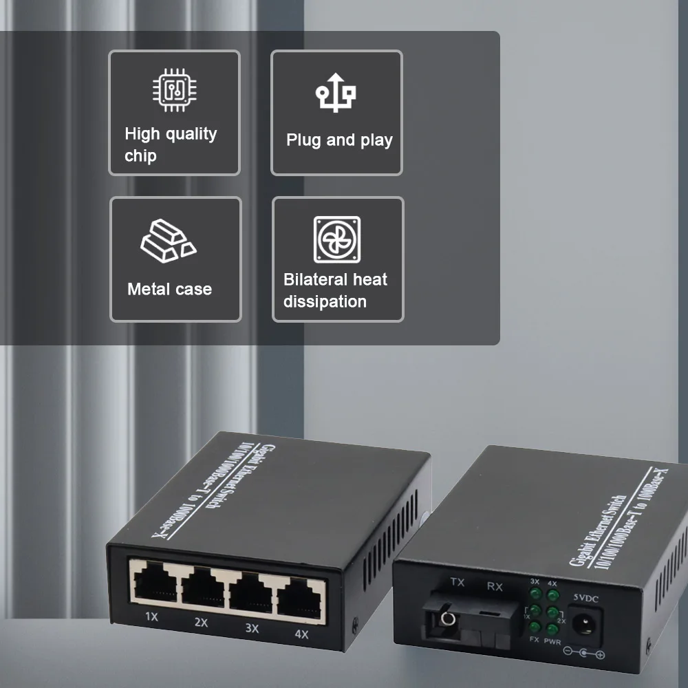 One Pair 4 Port 10/100/1000M Gigabit Media Converter 4 RJ45 to SC Fiber Ethernet Switch Single-mode Multi-mode Optional