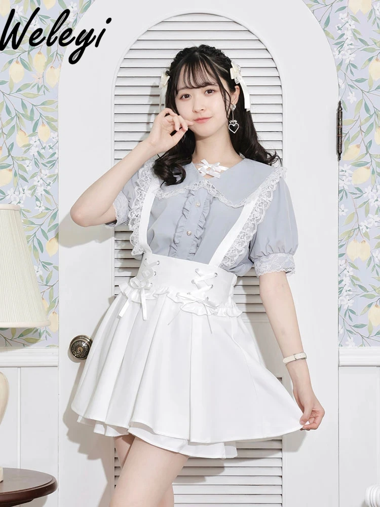 

Japanese Fashion Lolita Tops Shirt All Matching Women's Wear 2024 Summer Cute Sweet Mine Lace Ruffle Single Breasted Bow Blouses