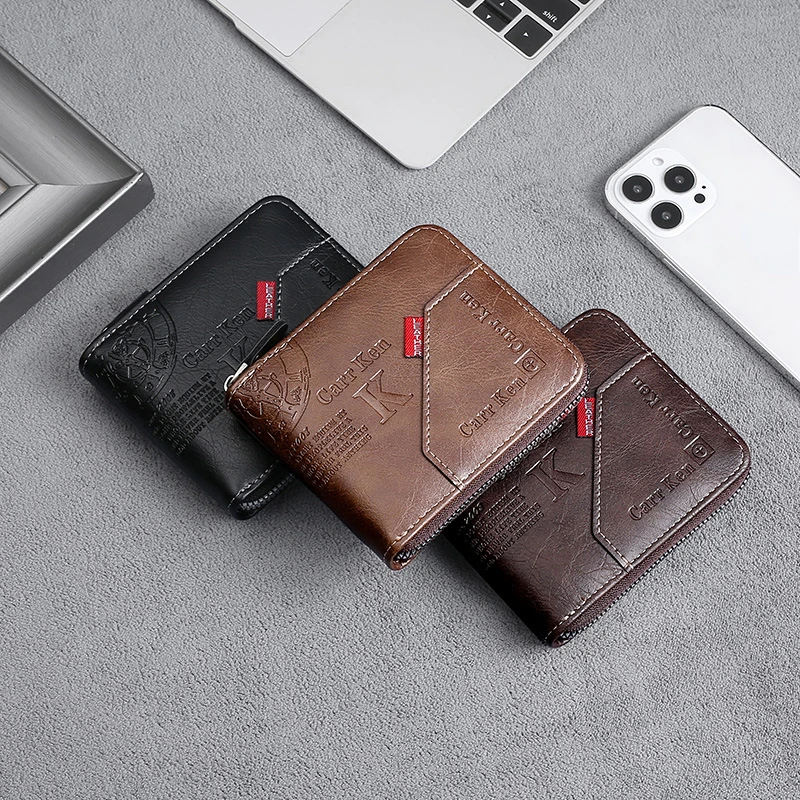 

New Wallet Men's Short Horizontal Style European and American Retro Zipper Coin Purse Three Fold Driver's License Document Set