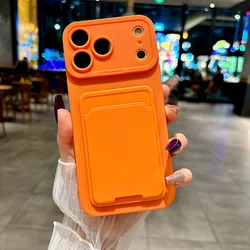 Sleek Silicone Card Holder Phone Case with Back Cover Design for iPhone 15 Plus (Orange)