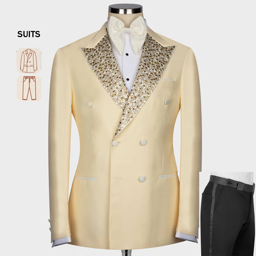 

Элегантные свадебные костюмы для мужчин, облегающий блейзер с золотыми бусинами и лацканами, брюки, 2 предмета, деловые мужские свадебные смокинги, двубортное платье