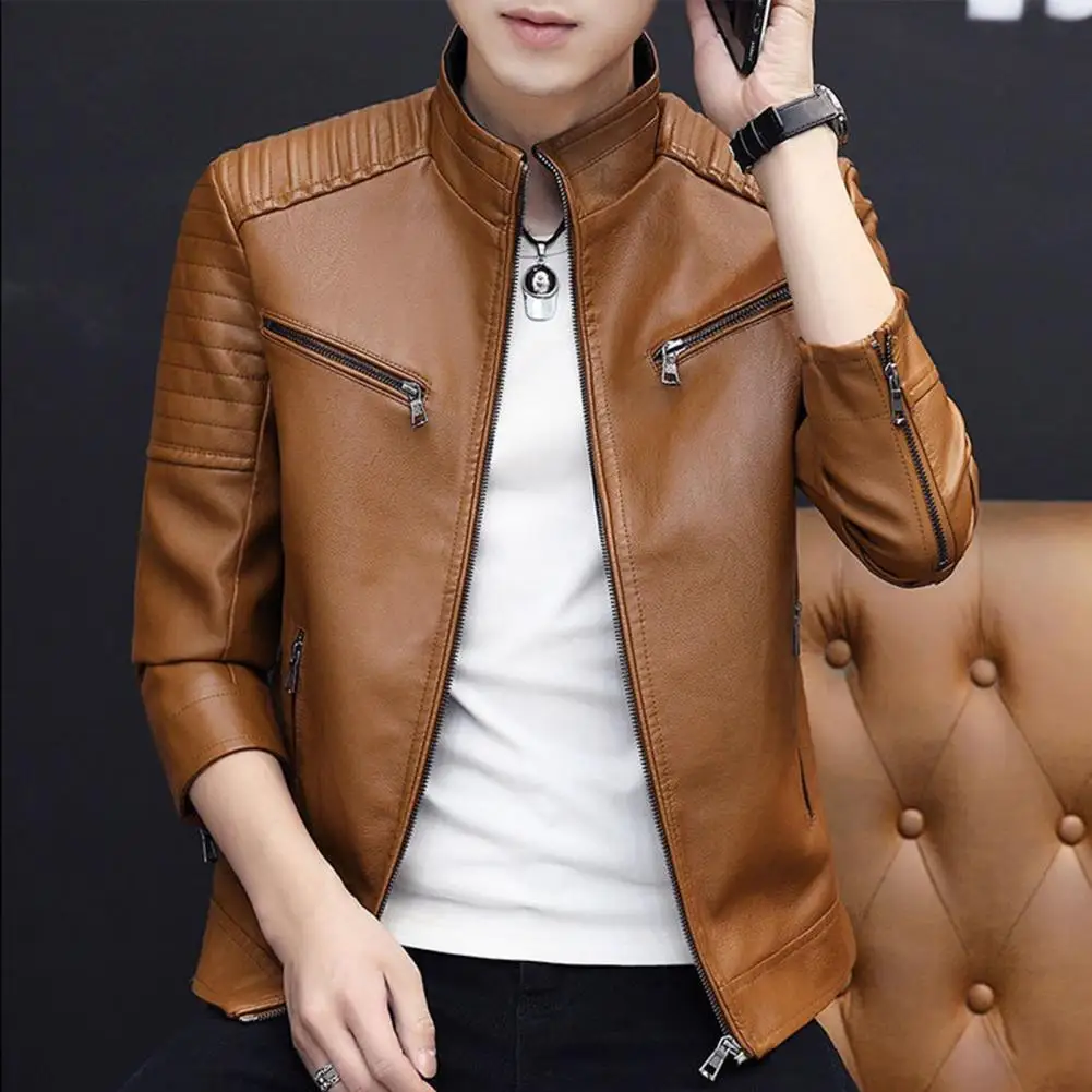 Mens Motorcycle Leather Jacket Slim Fit Short-Coat Lapel PU Jackets Autumn New Zipper Stand Windproof Leather Coat Mens Clothing