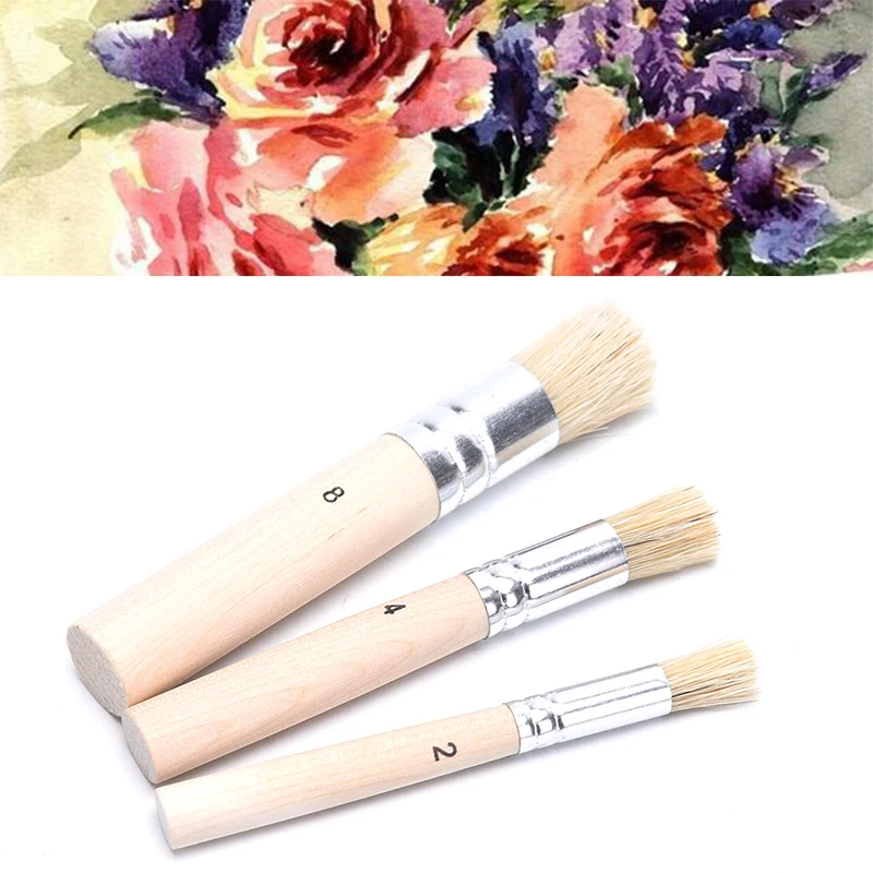 3pcs/set Wooden Stencil Brush Hog Bristle Brushes Acrylic Watercolor