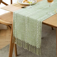 Green Table Runners Boho Rustic Tassels Farmhouse Braided Striped Cotton Linen for Dining Party Holiday Wedding Table Decoration 1