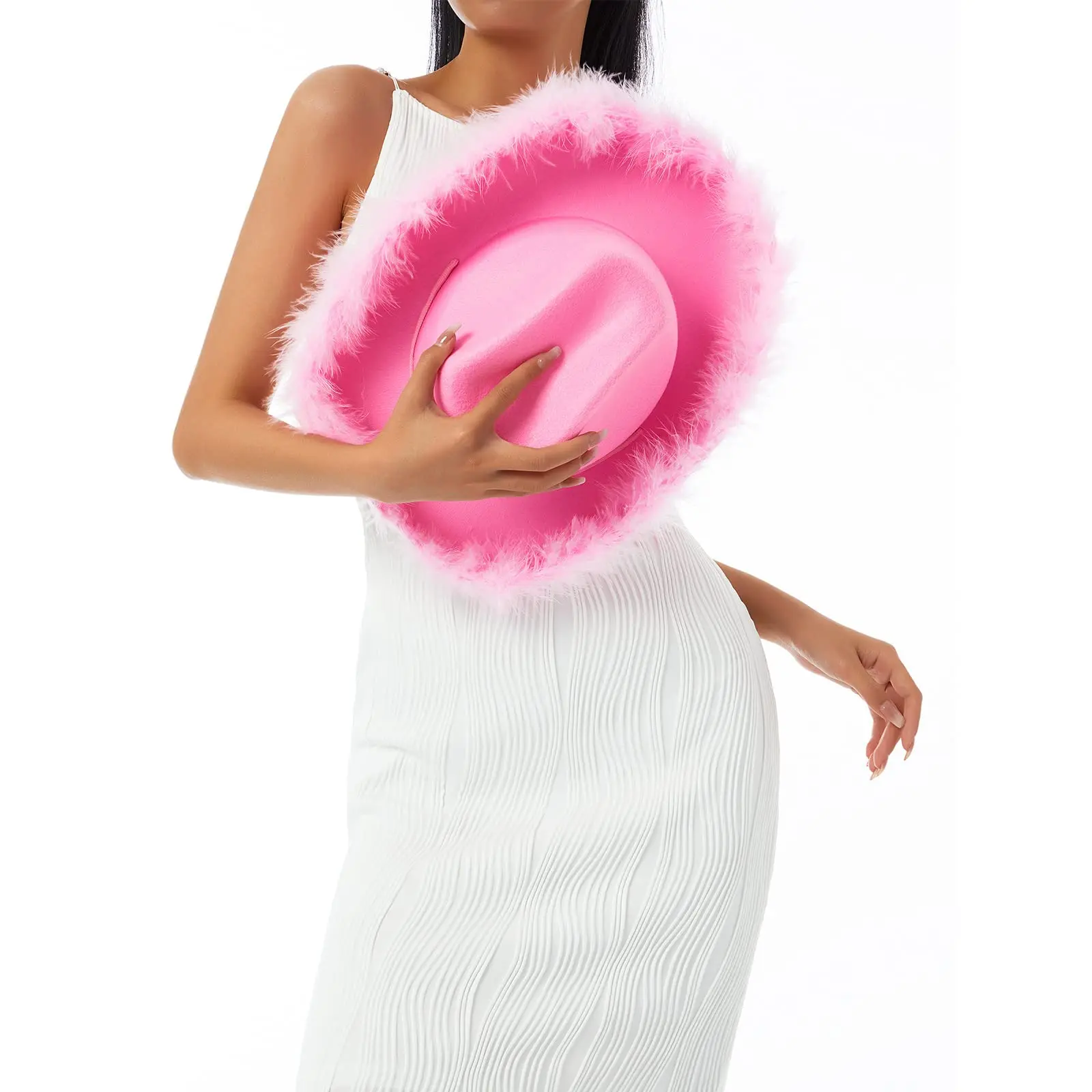 Party Cowboy Hat for Women Cowgirl Hat with Pink Feather Boa Fluffy Feather Brim Adult Size Cowboy Play Costume party hat carnival hat cowboy doll hat