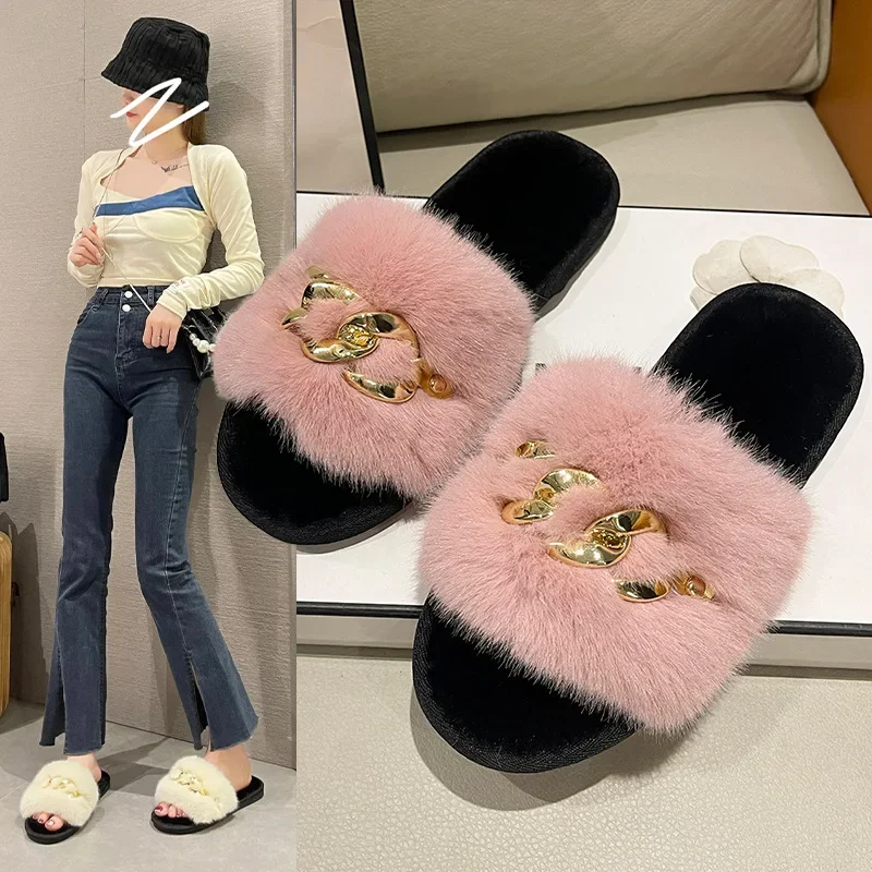 New autumn and winter metal chain hairy slippers fashionable and warm large fur flat heel cotton slippers — view 3