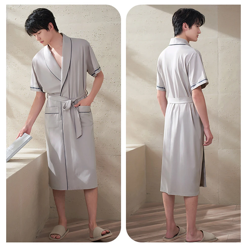 100% Cotton Solid Breathable Bathrobe High-quality Turn-down Collar Robe With 2 Pockets Comfort Soft Loose Adult Men's Pajamas