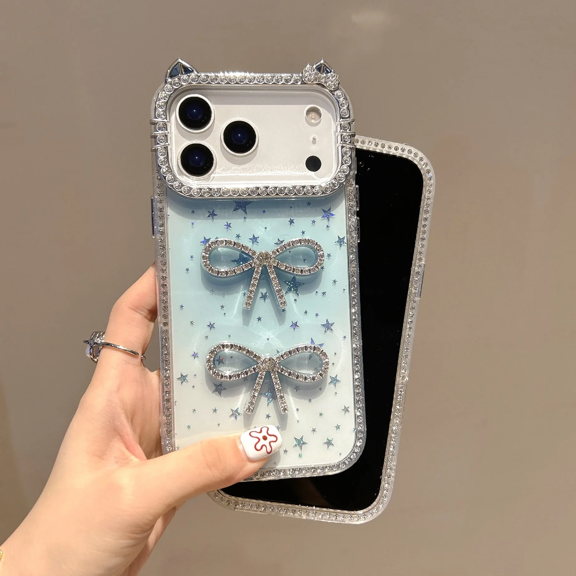 Cat Ears Epoxy Gypsy Flash Shiny Star Bow Phone Case with Diamonds