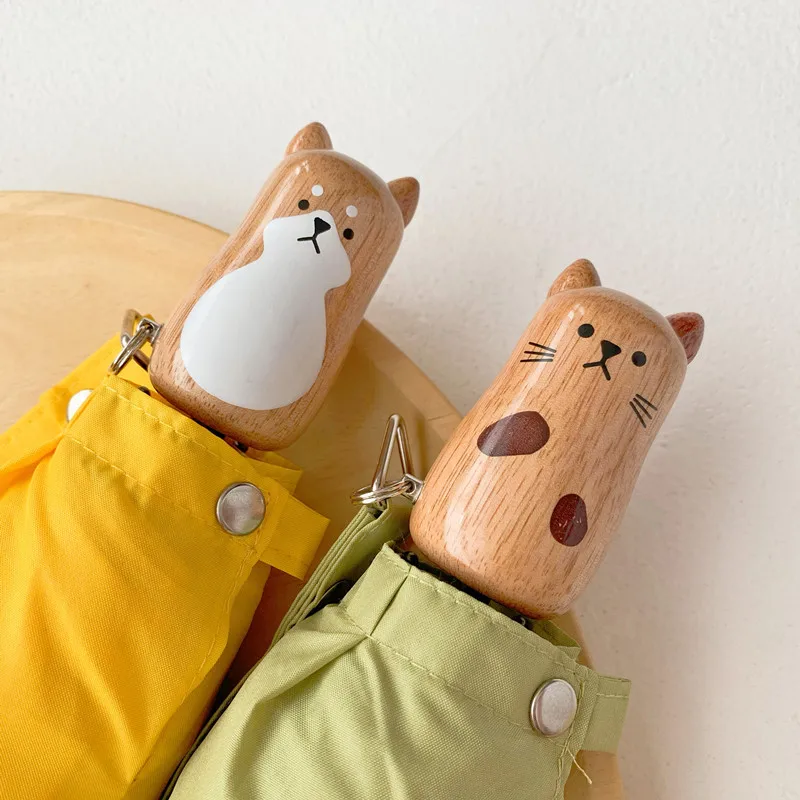 귀여운 고양이 시바 이누 나무 손잡이 맑은 우산, 심플한 단색, 자외선 차단, 방풍 커플 모델, 일본 우산 