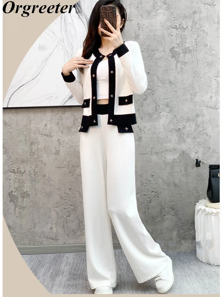 

Vintage Knitted 2 Piece Sets Womens Outfit Elegant Sweater Cardigan Coat Trousers Casual Wide Leg Pant Two Piece Sets