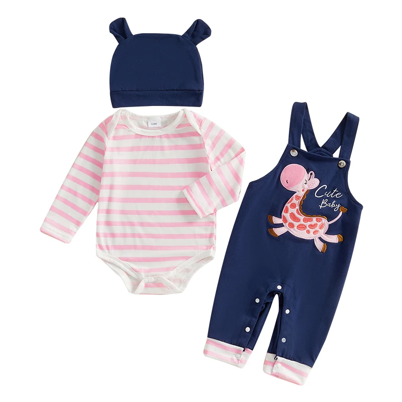  소녀 가을 복장 줄무늬 긴 소매 Romper 기린 자수 전체 바지 모자 3 Pcs 세트