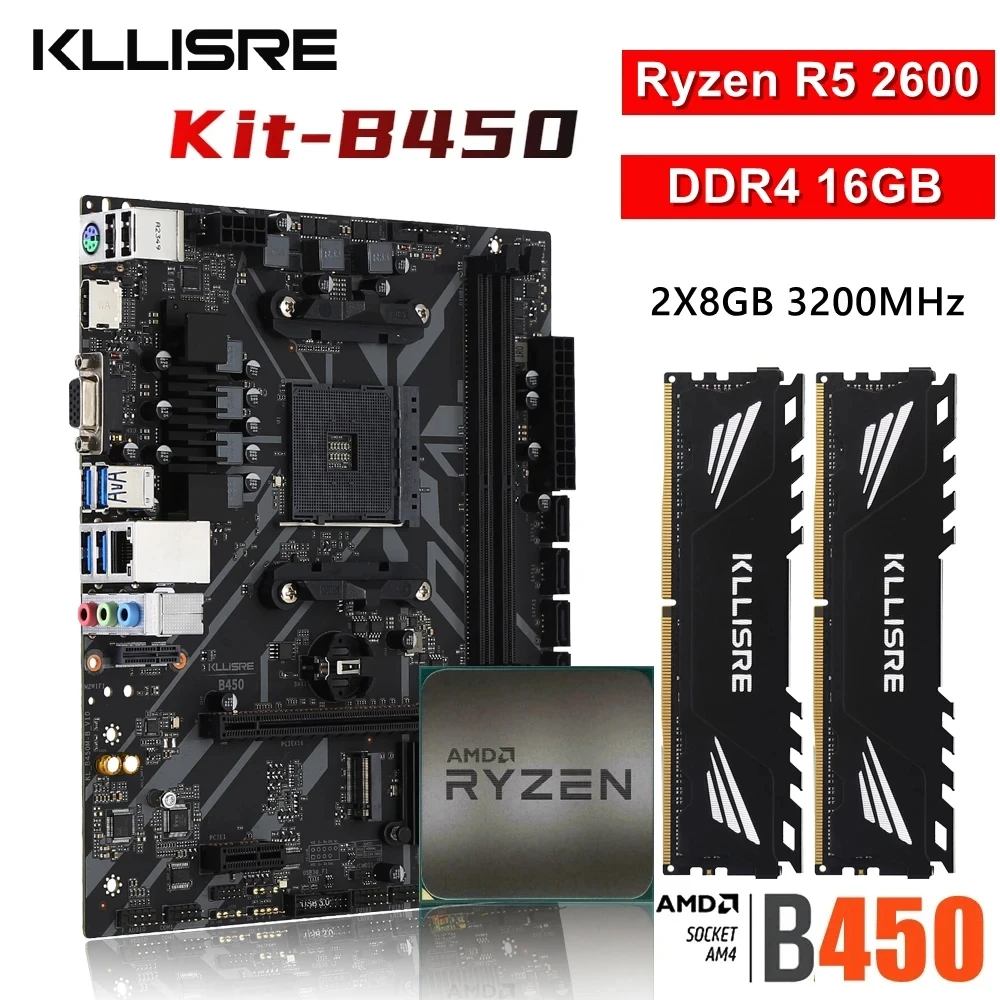 Kllisre B450 Kit AMD Ryzen R5 5 2600 Processor DDR4 16GB (2*8GB