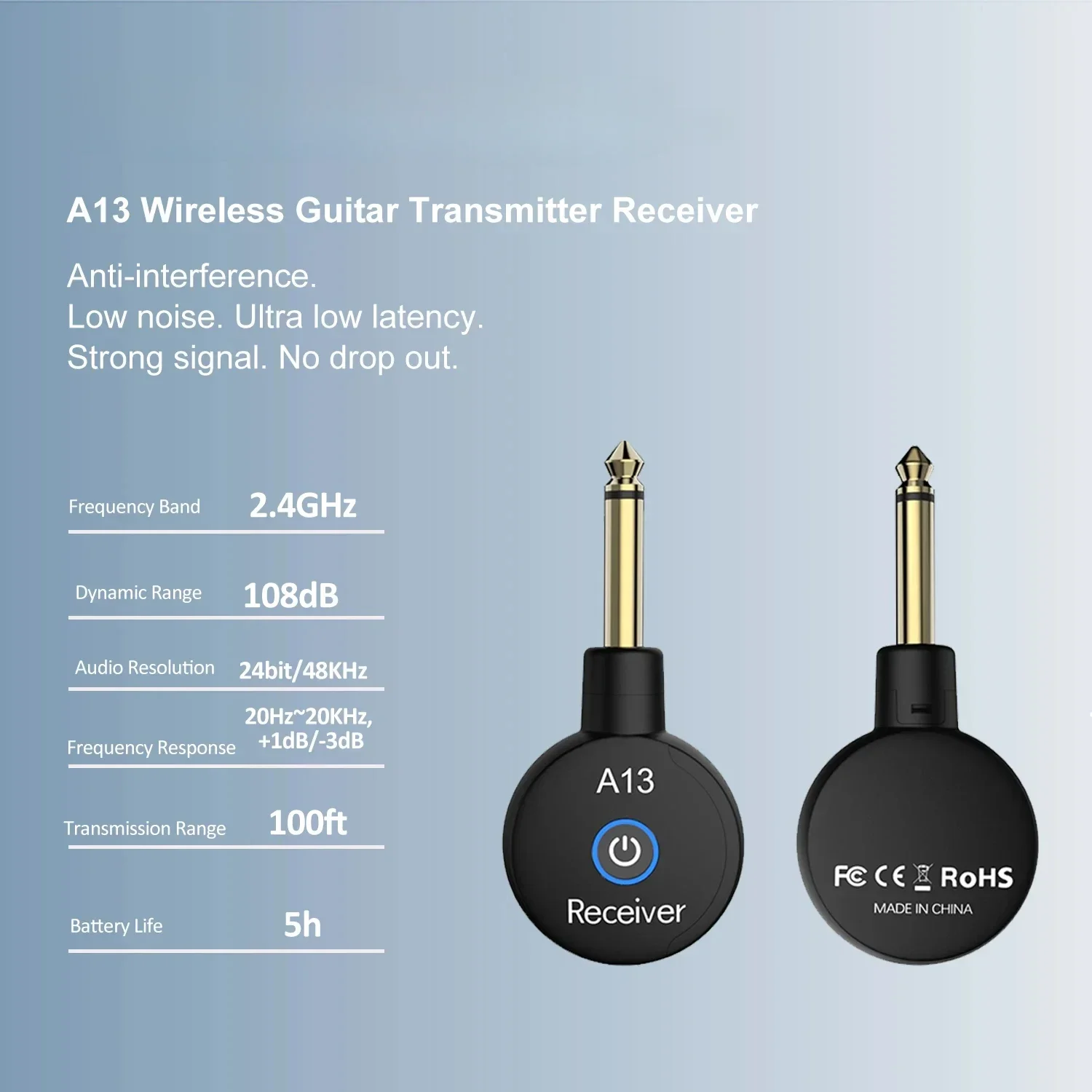 2.4GHz Mini Wireless Guitar System Rechargeable Audio Wireless Guitar Transmitter Receiver for Bass Electric Instruments