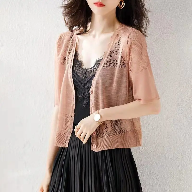 Korean Simple Ice Silk Knit Sun Protection Cardigan Coat Women V-neck Button Lace Summer Matching Skirt Strap Shawl Thin Tops