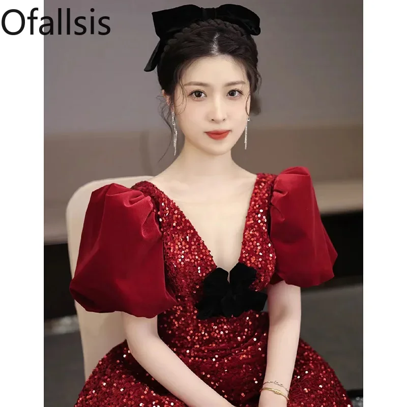 

Женское вечернее платье с блестками Ofallsis, винно-красное платье с V-образным вырезом для свадьбы и помолвки, осень 2023