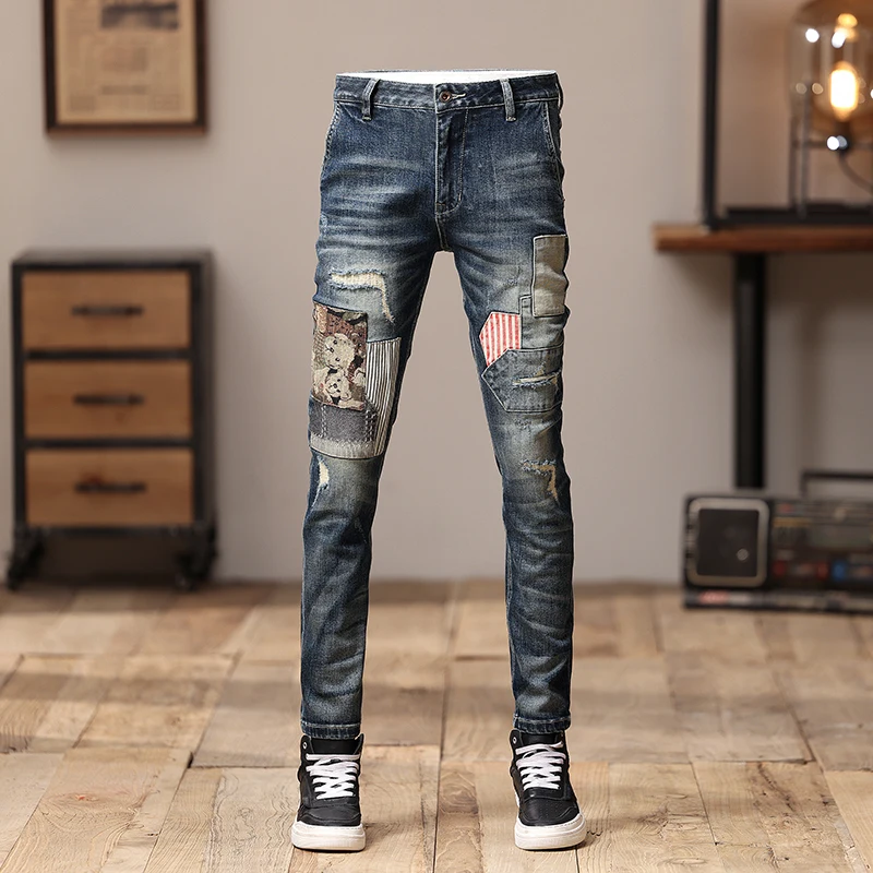 High Street Fashion Men's Split Jeans Vintage Blue Elastic Slim Fit Jeans Men's Patch Designer Hip Hop Jeans Pencil Pants Hombre