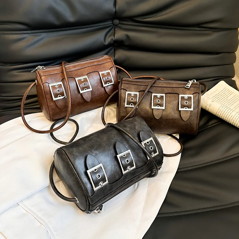 Mini Shoulder Bag Retro Barrel-shaped PU Leather Street Fashion hottie Cool Handsome New Casual Personality purses and handbags