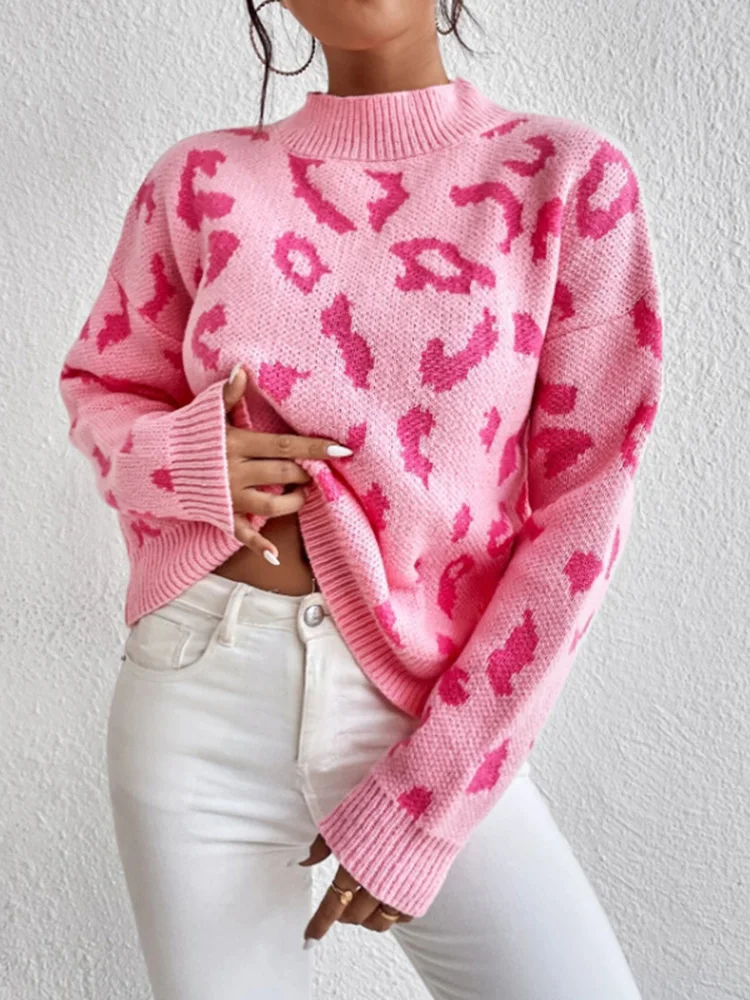 2025 Women Leopard Printed Sweaters Autumn Casual O-Neck Pullovers Thick Long Sleeve Loose Jumpers Casual Splice Warm Sweater