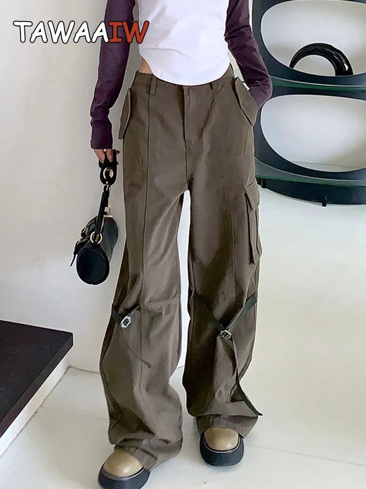 

Tawaaiw Streetwear Straight Loose Cargo Pants Women Steampunk Baggy Pockets Wide Leg High Straight Y2k Sweatpants Trousers 90s