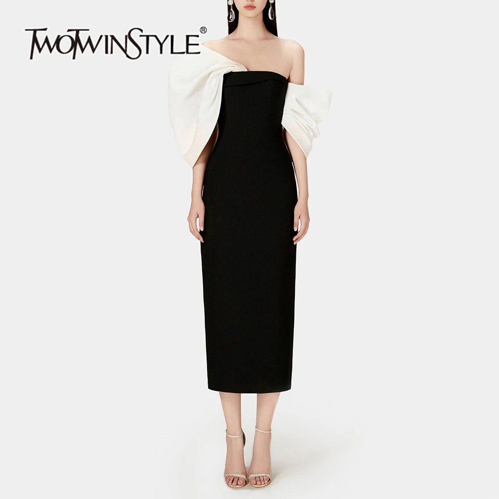 

TWOTWINSTYLE Colorblock Patchwork Bowknot Elegant Dress For Women Strapless Irregular Sleeve High Waist Slimming Dresses Female