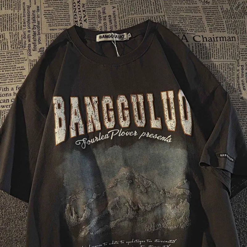 

100% cotton men's T-shirt fashion retro short sleeve men's tee loose Street styletop clothes