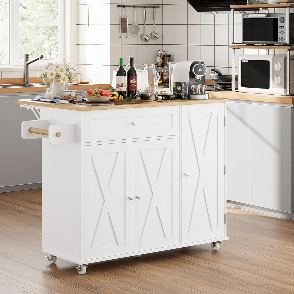 Kitchen Island with Storage, Island Table on Wheels with Drop Leaf, Spice Rack, Drawer, Towel Rack, Rolling Kitchen Island Cart 3