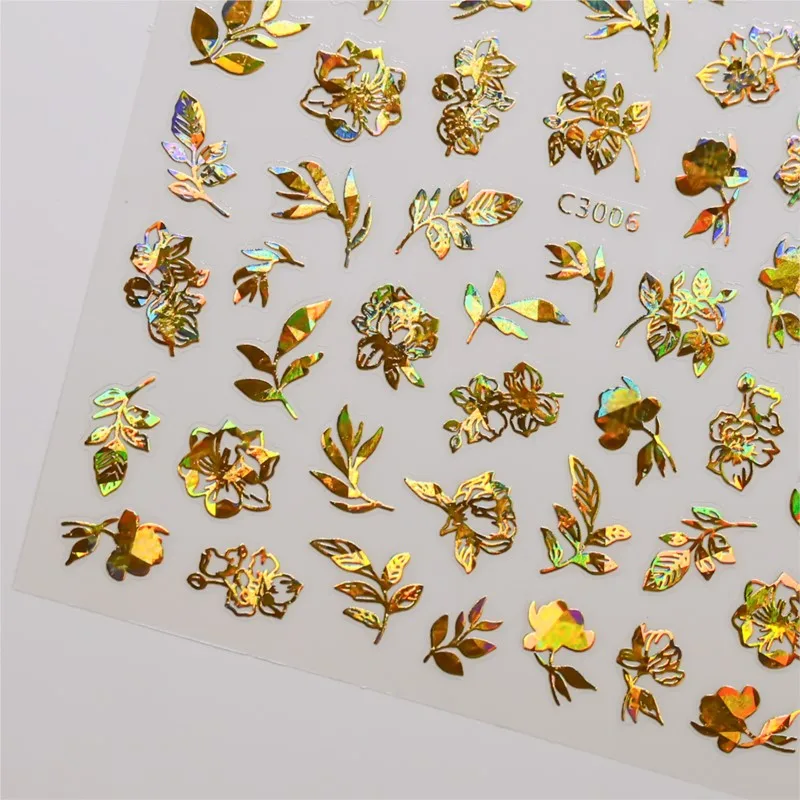 야광 나비 꽃 네일 스티커 세트, 핫 스탬핑 레이저 네일, 3D 데칼, 자체 접착 매니큐어 슬라이더, NKS1, 6 개