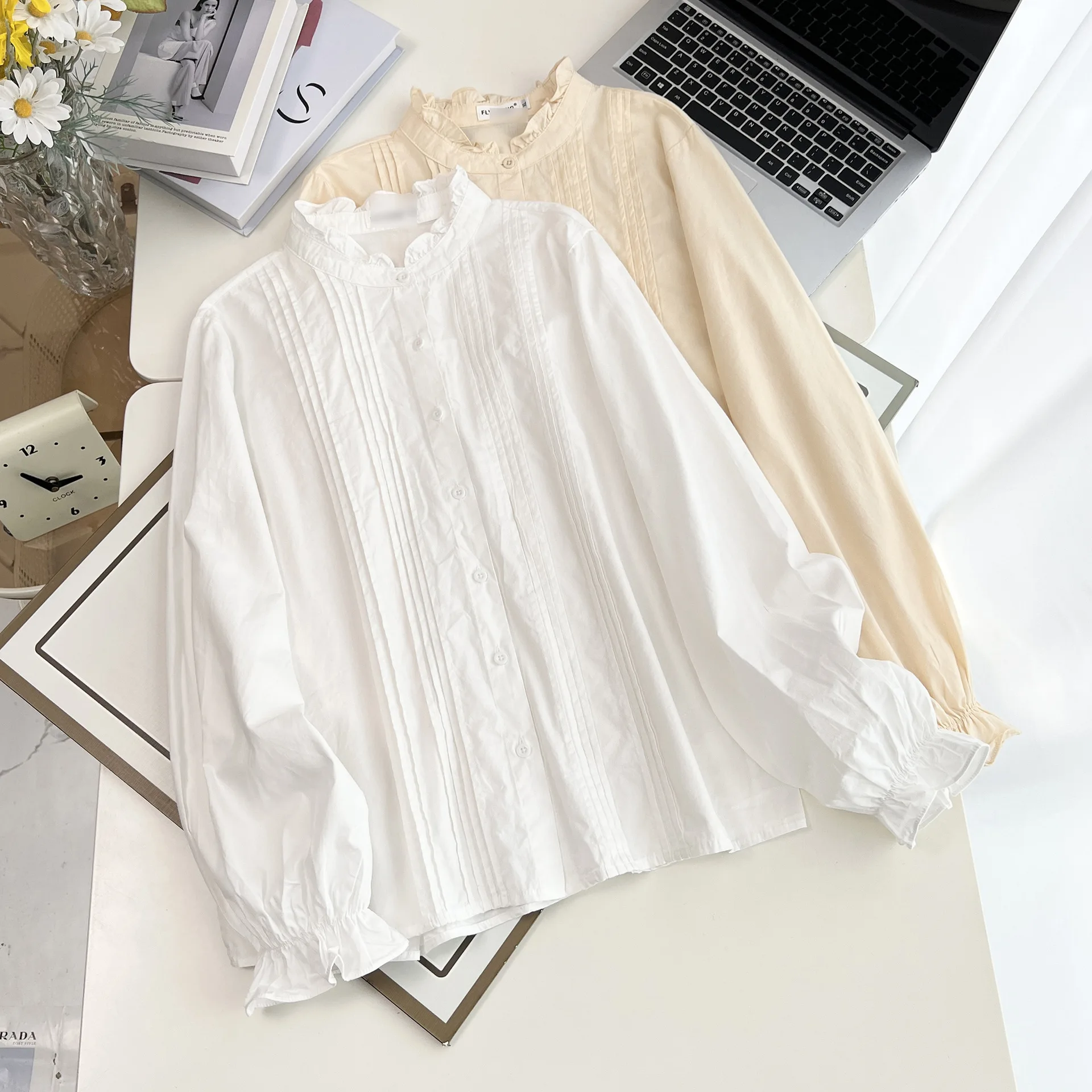 Plus Size Women's Blouses 2025 Autumn New Style Ruffled Collar Long Sleeved Shirt Casual Cotton Organ Fold Tops 9091