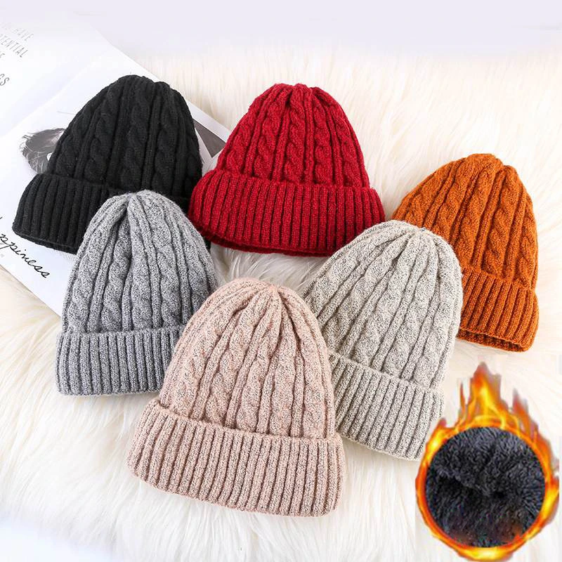 Women's Winter Thick Warm Beanies Hats Solid Color Twist Knitted Mohair Fleece Lined Cap Outdoor