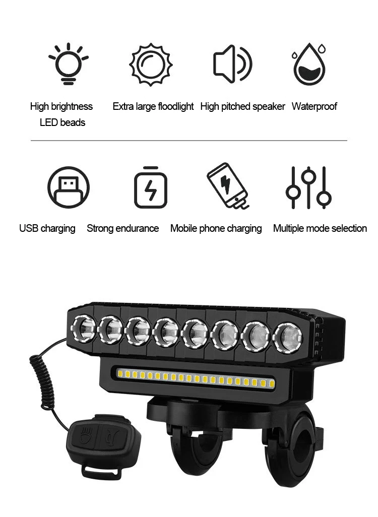 Description Picture 3 of itemNew USB Charging MTB Bicycle Light Horn Highlight Bike Light Waterproof Cycling Lamp Flashlight Cycling Equipment Accessories