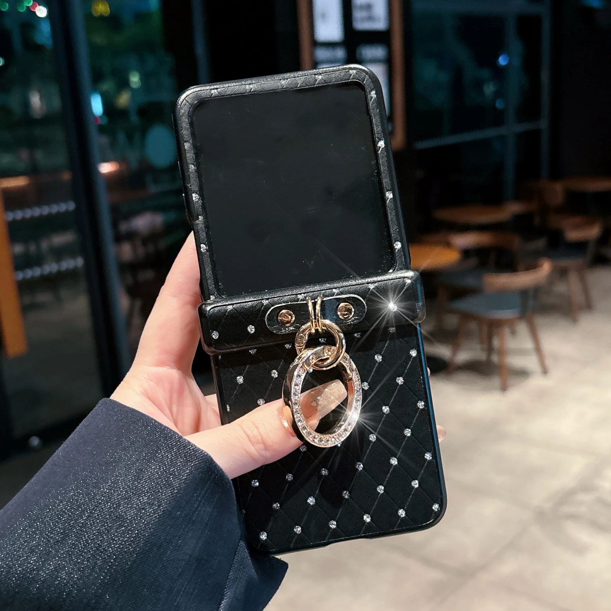 Rhombus Grid Pattern Leather Phone Case with Faux Diamond Ring Buckle Hard Cover