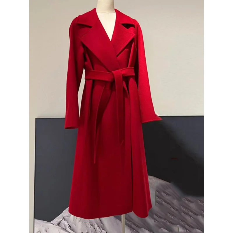 Casual Red Temperament Double-sided Cashmere Wool Water-rippled Coat Women Midi Loose New Autumn Winter Fashion Female Outerwear