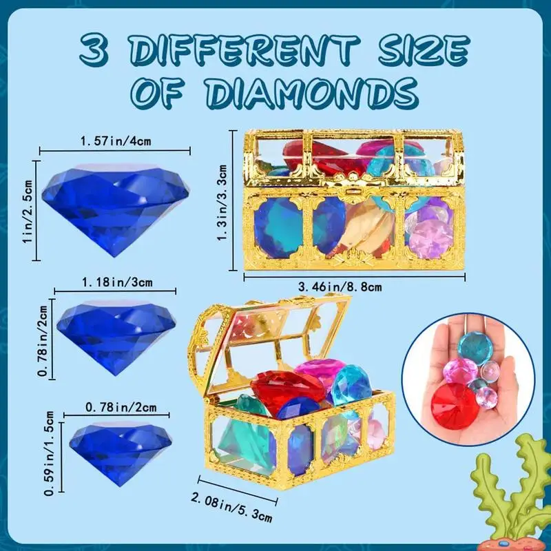 Pool Diving Gems Toys Colorful Diamonds Set With Big Treasure Chests Box Underwater Gems Dive Throw Toy Training Set For Summer treasure hunt toys