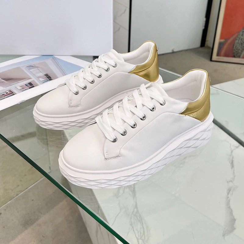 

Autumn 2024 New Small White Shoes Mixed Colors Thick Bottom Female Sneakers Real Leather Upper Height Increasing Women's Shoes