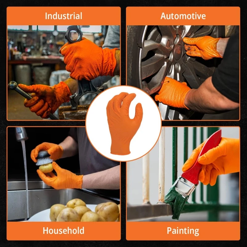 8mil Heavy Duty Industrial Orange Nitrile Gloves Latex Free Diamond Textured Disposable Gloves Mechanic Cleaning Hair Dye