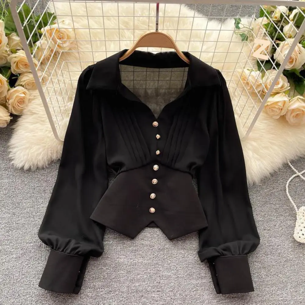 

Elegant French Style Women's Shirt Puff Sleeves Lapel V-neck Irregular Hem Chic Button Decor Bubble Sleeve Blouse Women Shirt