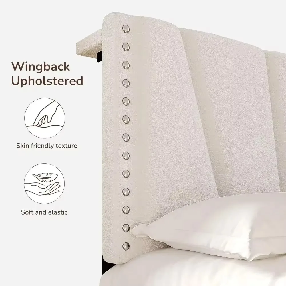 King Size Bed Frame, Storage Headboard Platform Bed with Charging Station and LED Lights, Sturdy Wooden Slats Support 4