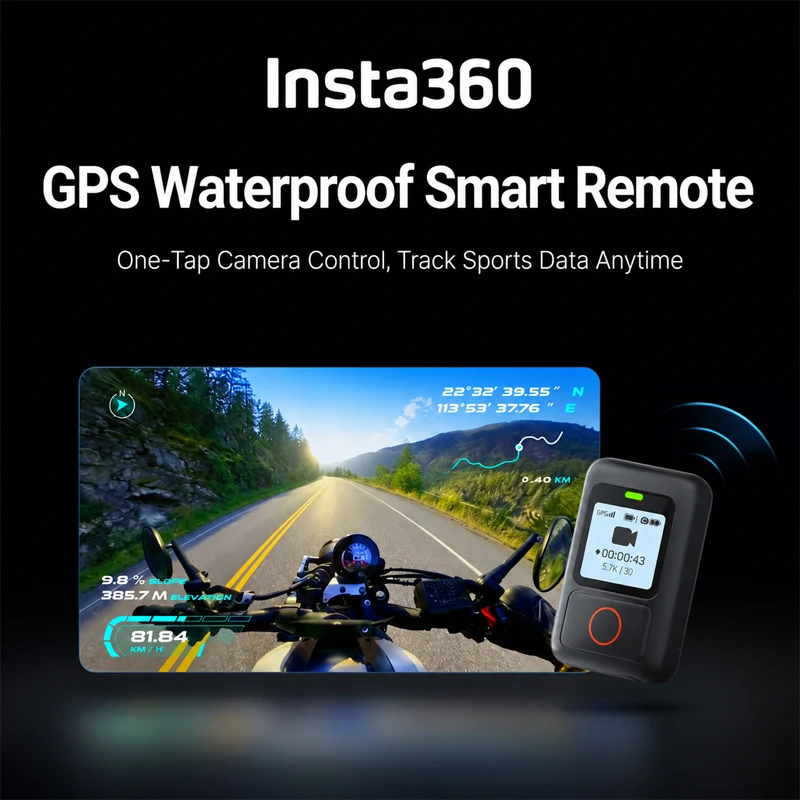 Télécommande Bluetooth pour caméra Insta360 fixée au poignet via un bracelet, offrant un contrôle à distance facile.