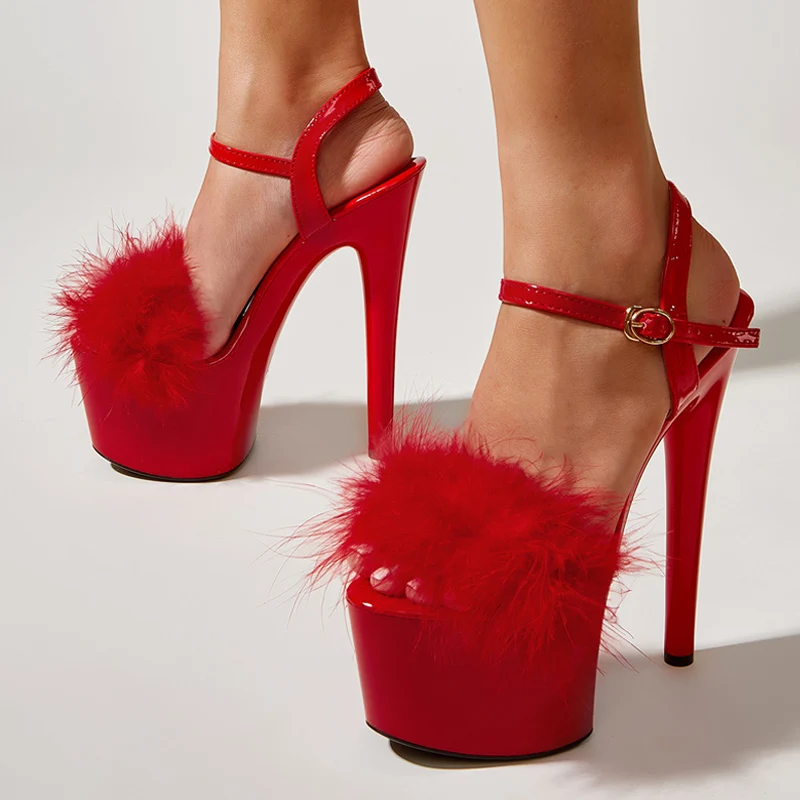 

Catwalk Shows Sexy Extreme High Heels Pumps Fashion Fur Feather Summer Platform Sandals Women Open Toe Ankle Strap Stripper Shoe