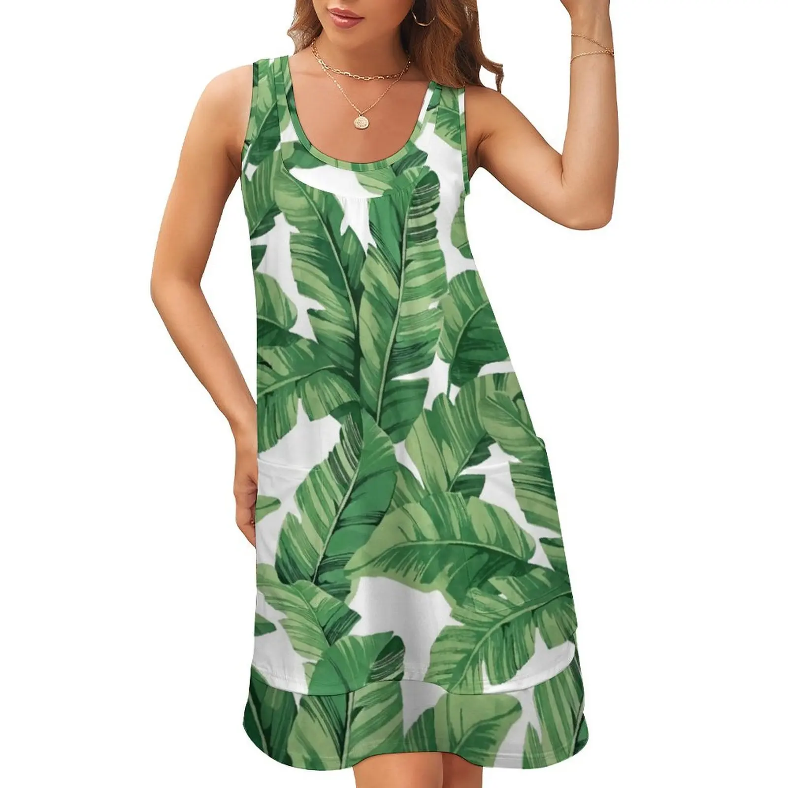 

Платье без рукавов с U-образным вырезом и тропическими банановыми листьями, платье из двух частей, летняя одежда для женщин, платье для выпускного вечера 2024
