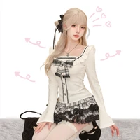 Elegant Vintage Suits Women Sweeet Bow Slim Knitted Cardigan Coats + Lace Mini Skirts Japanese Kawaii 2 Piece Sets Y2k Clothing 1