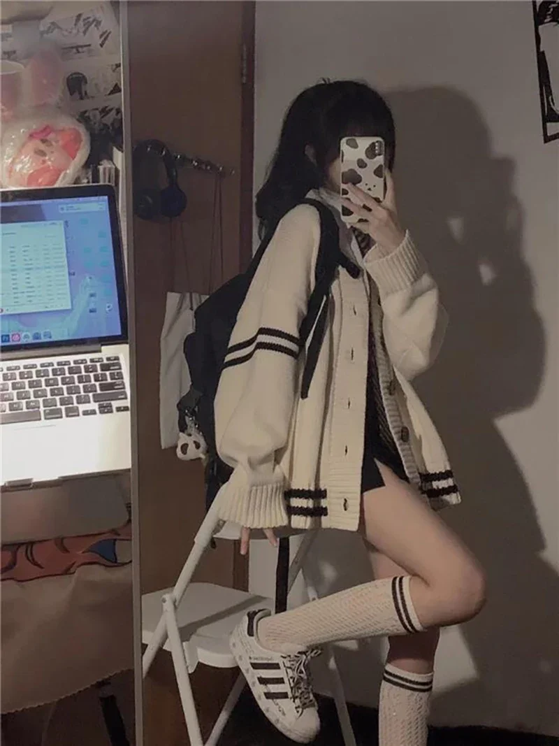 Striped Loose Cardigan Women Y2K Vintage Autumn Winter Single Breasted Sweater Streetwear Casual Korean Female Knitted Coat