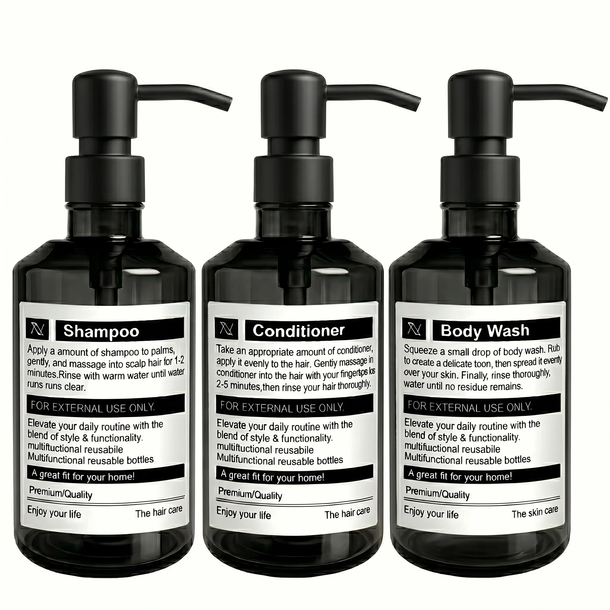 Deluxe Refillable Bathroom Dispenser Bottles for Shampoo, Conditioner, and Body Wash
